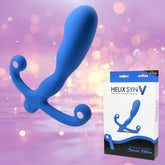 Aneros Blue Helix Syn V Vibrating Prostate Massager floats before a pink bokeh background, with its “Helix Syn V Special Edition” box displayed beside this sleek Aneros male G-spot stimulator.